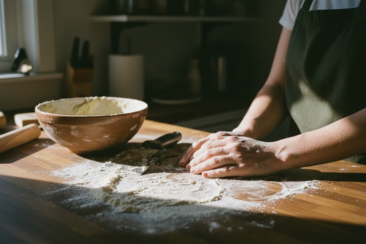 Flour-dusted hands resting on a wooden counter beside a scraped dough bowl