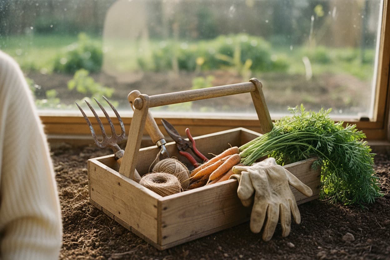 A weathered garden trug holding a hand fork, twine and just-pulled carrots